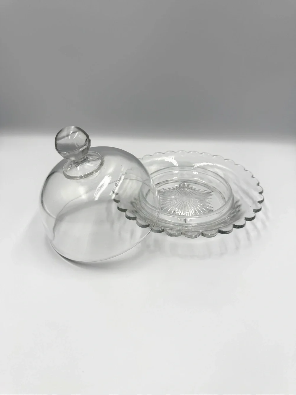 Vintage Clear Glass Butter Dish with Dome Lid Scalloped Edge